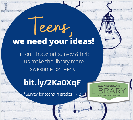 Blue circle with writing and light bulb in background. Inviting teens to fill out a survey