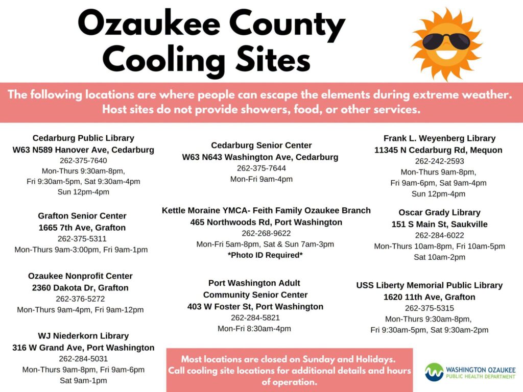 Poster showing all of the Ozaukee County designated cooling sites