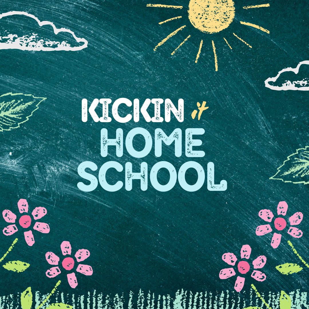 Kickin It Home school text with chalk drawings in background