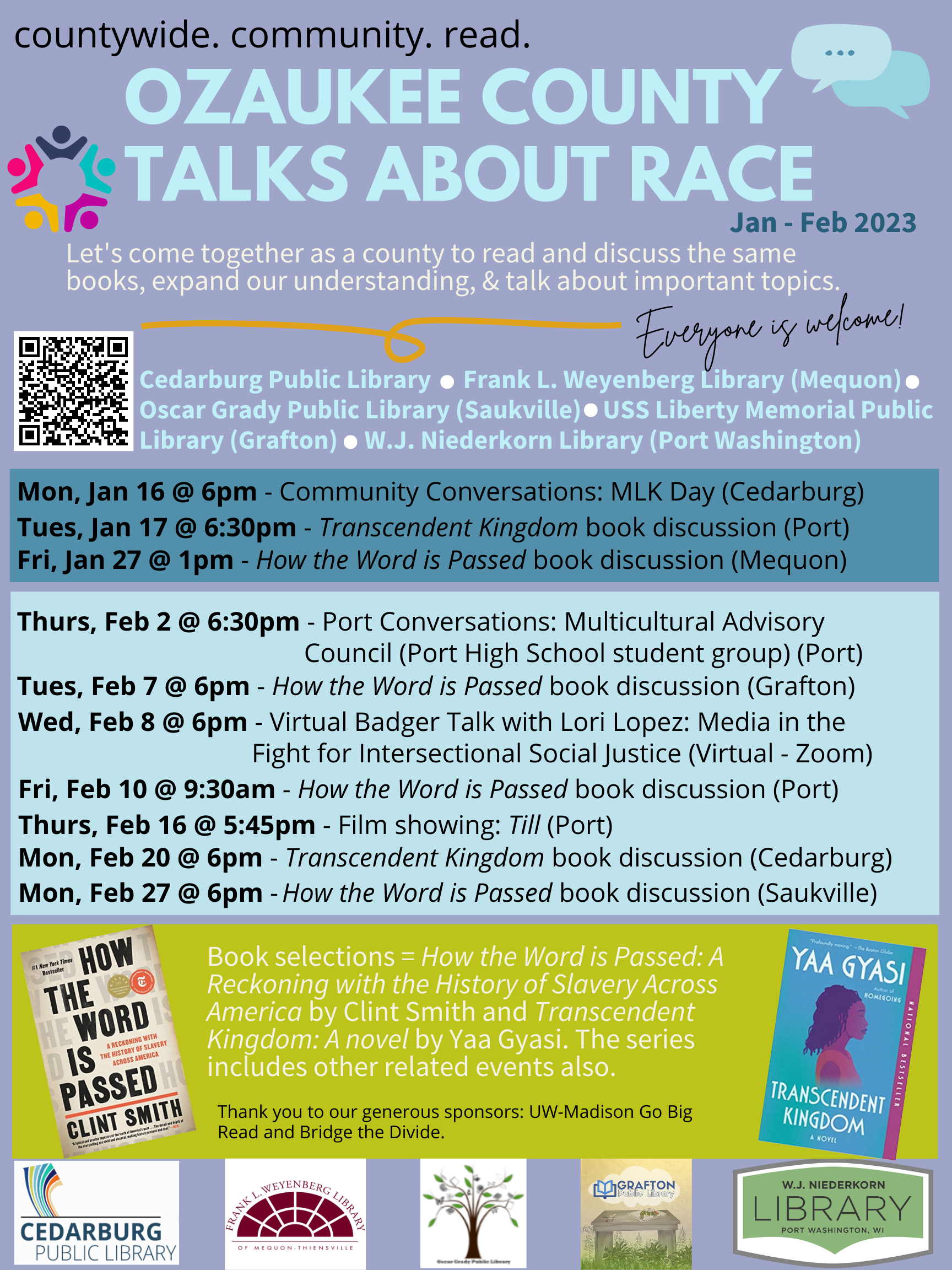 General flyer for Ozaukee County Talks About Race Series from Jan to Feb 2023