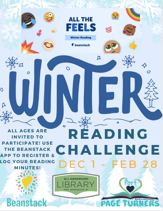 All the Feels Winter Reading Challenge flyer. Dec 1 to Feb 28