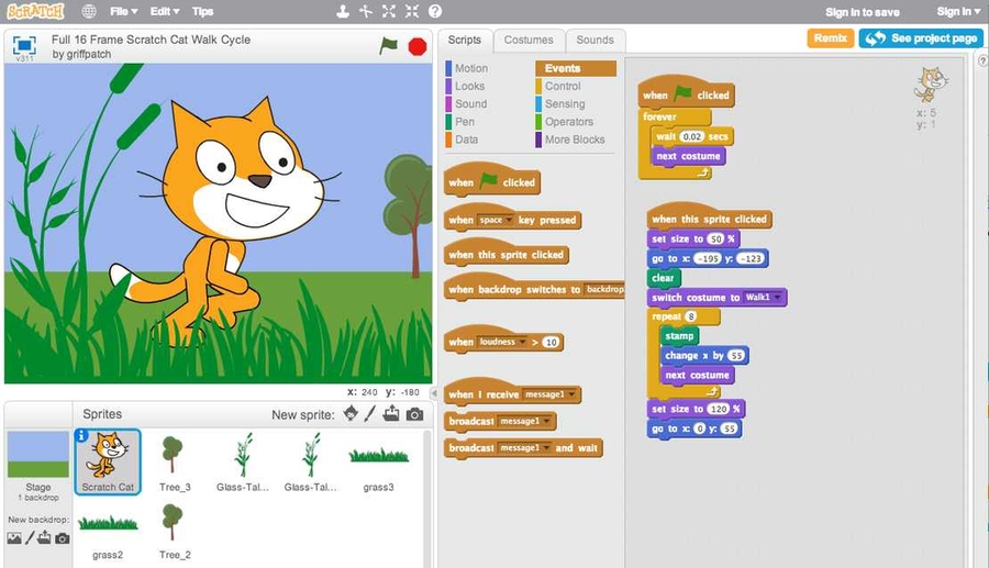 Scratch coding sample with cat image