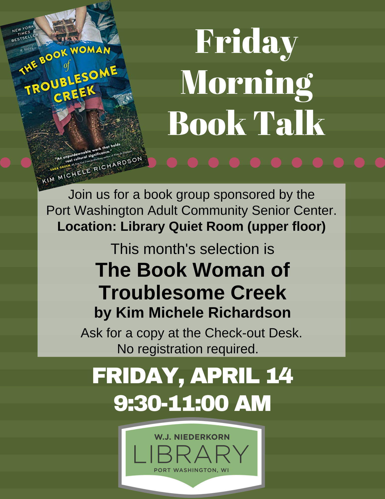 friday morning book talk april 14 the book woman of troublesome creek poster