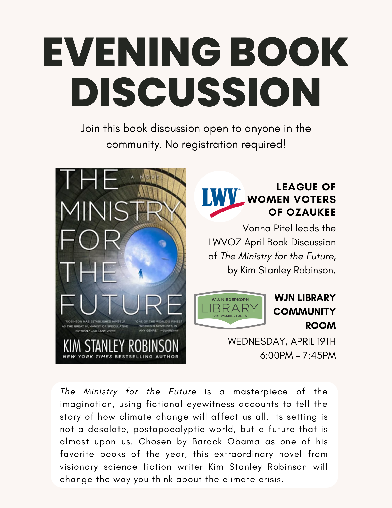 Evening Book Discussion with League of Women Voters The Ministry for the Future Poster