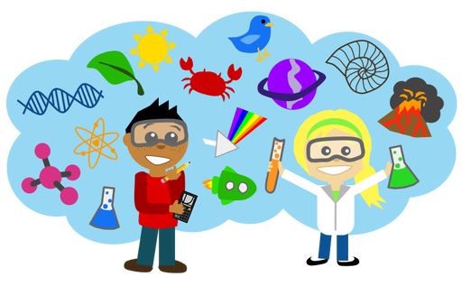 cartoon kids with science icons