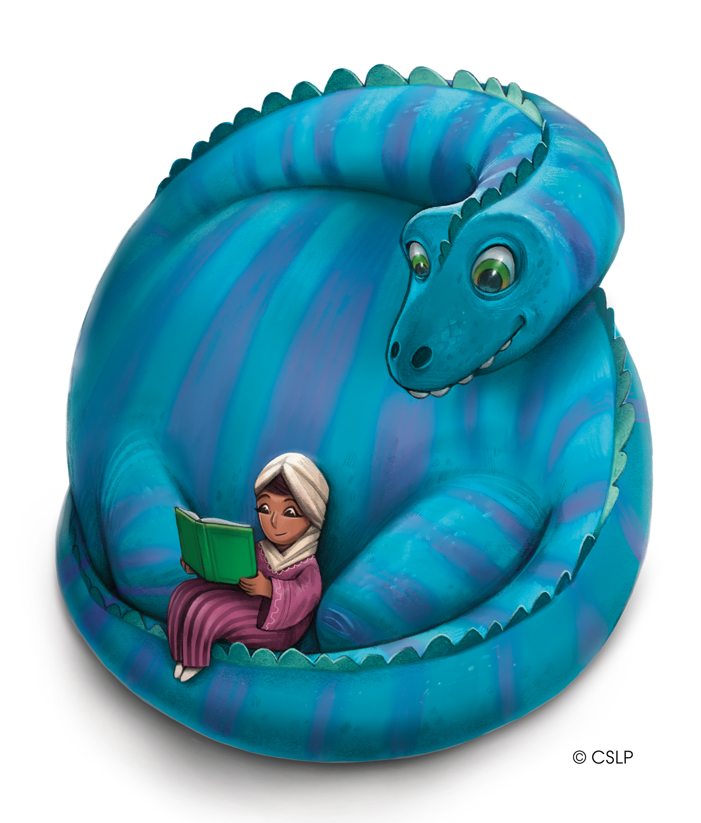 Graphic of Child reading at curled part of dinosaur tail