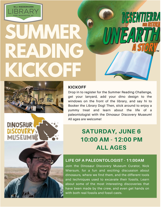 Summer Reading Kickoff poster. Sat, June 6. Register and see a performance with Dinosaur Discovery Museum at 11am. Open to all ages.
