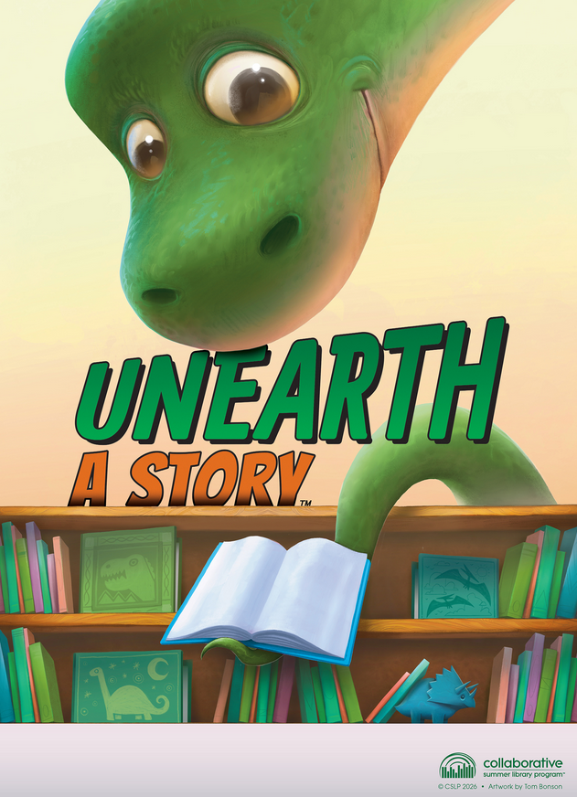 Unearth a Story poster with dinosaur reading