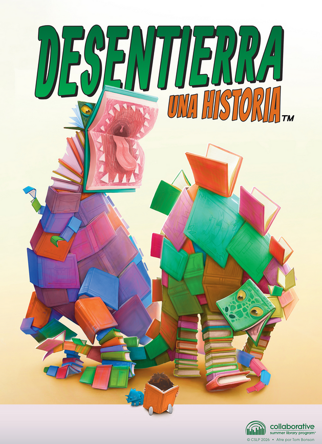Desentierra Una Historia poster with dinosaur covered in books