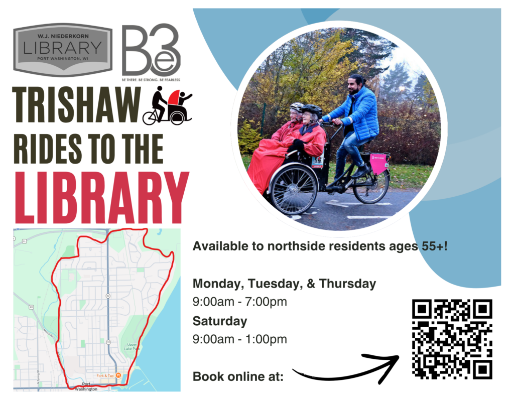 Trishaw Rides to the Library map and hours (Mon, Tues, & Thurs 9am-7pm and Sat 9am-1pm)