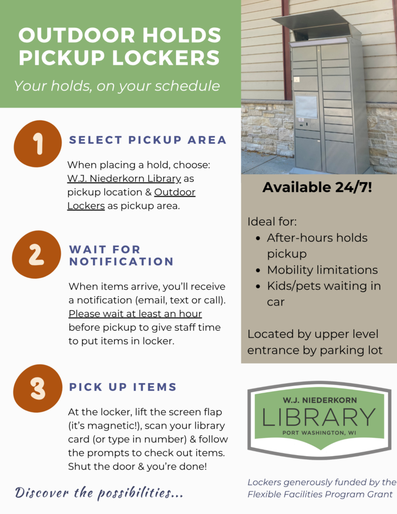 Poster explaining how to use outdoor holds pickup lockers, available 24/7